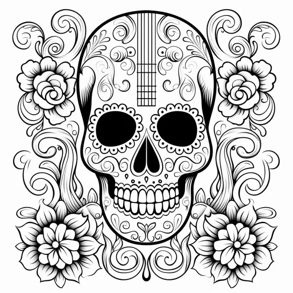 Day of the dead decorated skull with roses and large flowers, latin american folk art style — free printable latin america coloring book page