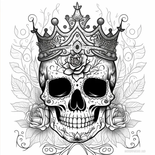 Decorative sugar skull wearing an ornate crown, day of the dead theme — free printable latin america coloring book page