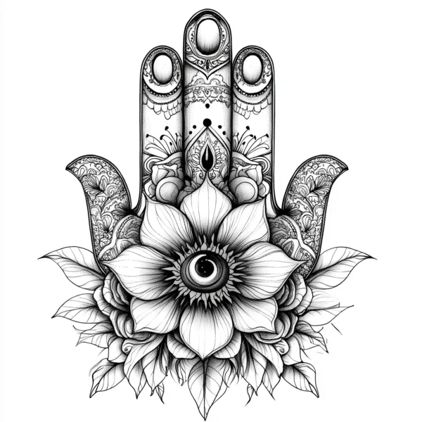 Hamsa hand with central flower and evil eye, middle eastern cultural style — free printable middle eastern culture coloring book page
