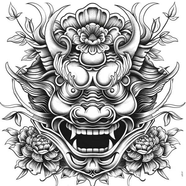 Japanese hannya mask, surrounded by peonies and decorative scrollwork — free printable culture coloring book page