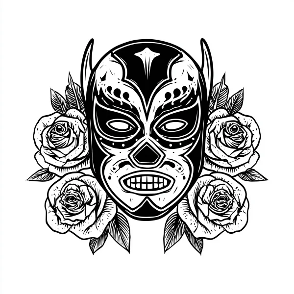 Lucha libre wrestling mask surrounded by roses, retro latin style — free printable latin american culture coloring book page