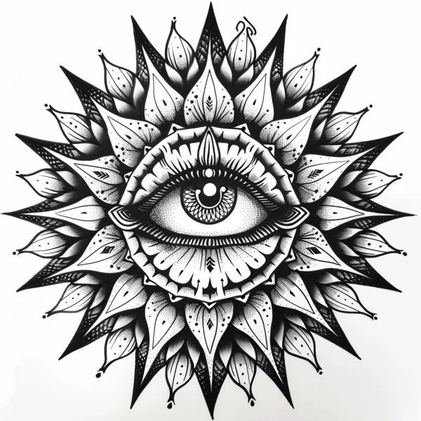 Mandala-style all-seeing eye, abstract decorative art style — free printable mystery coloring book page