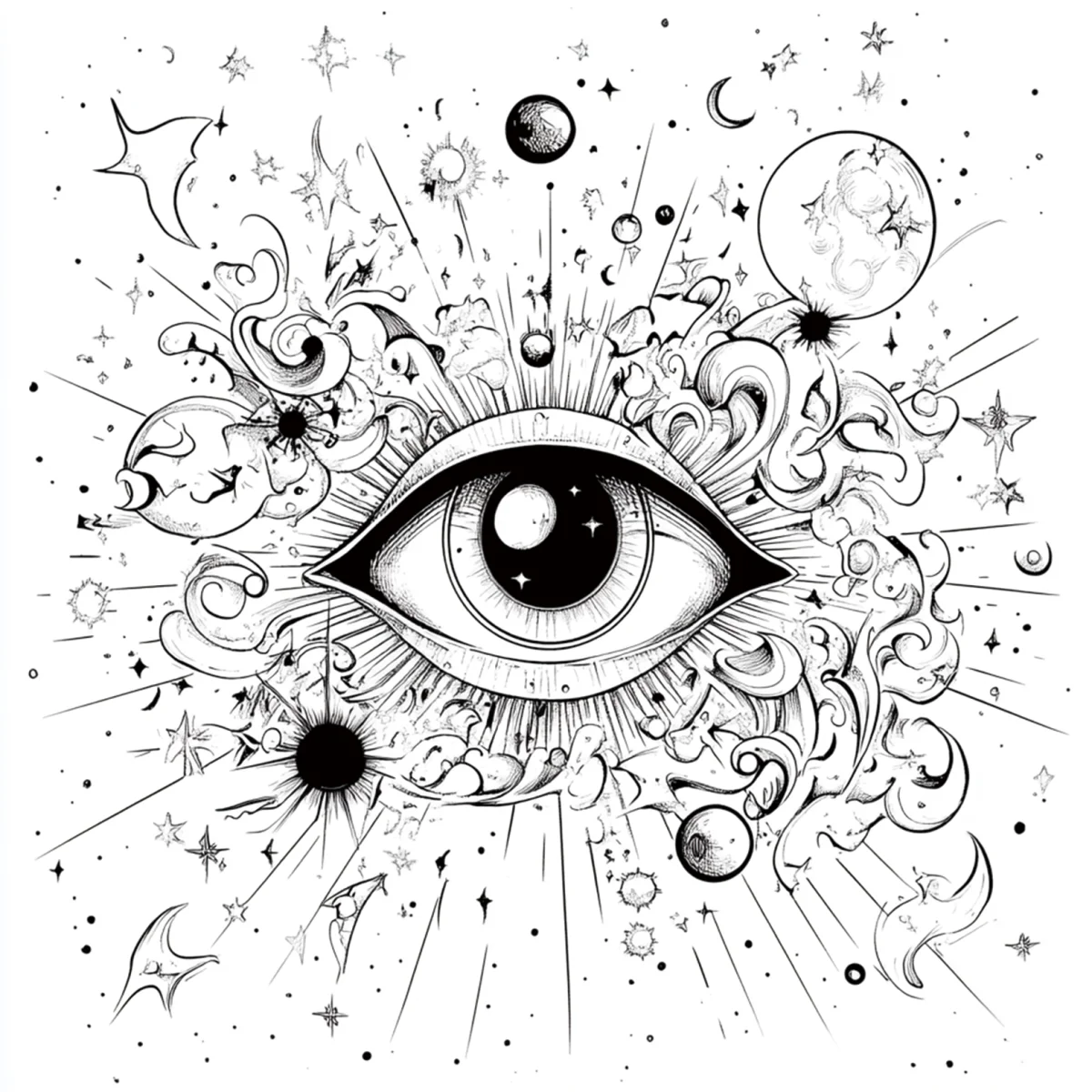 Cosmic eye, fantasy abstract style — moderate detail — line art coloring page — for kids and adults of all ages