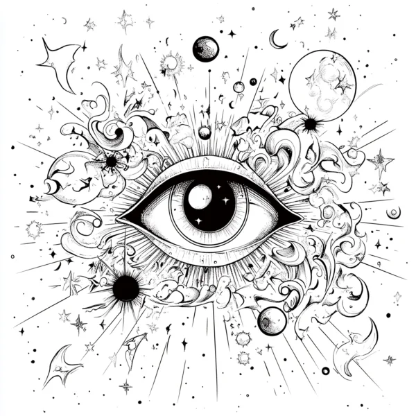 Cosmic eye, fantasy abstract style — free printable universe coloring book page