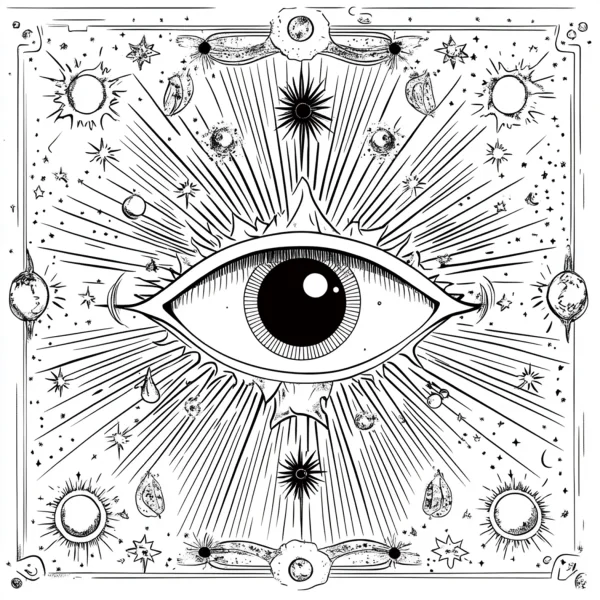 All-seeing eye, abstract fantasy style — free printable universe coloring book page