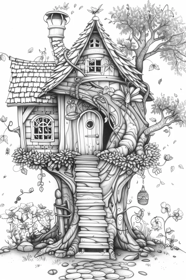 Fairy tale treehouse integrated with a large tree, surrounded by flowers — free printable cabin coloring book page