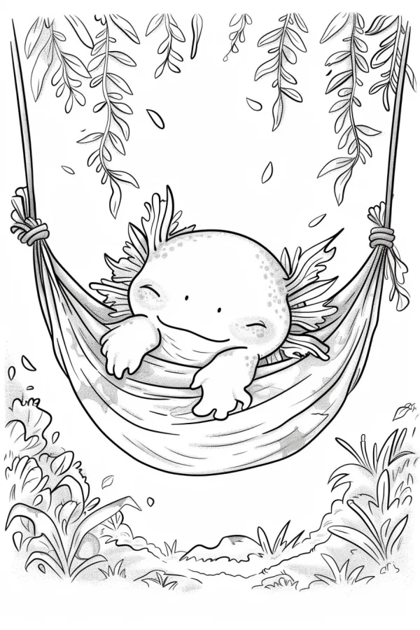 Cute axolotl lying in a hammock, cartoon style — free printable amphibians coloring book page
