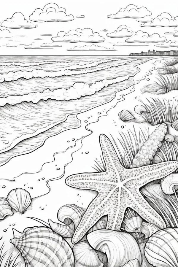 Starfish and seashells on beach, realistic sketch style — free printable beach coloring book page