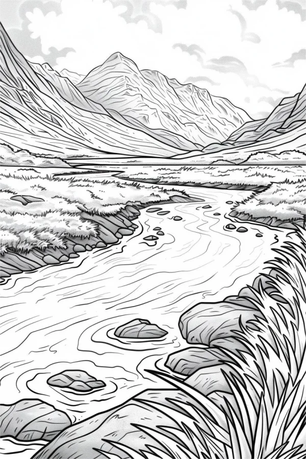 Mountain stream landscape, realistic line art style — free printable river coloring book page