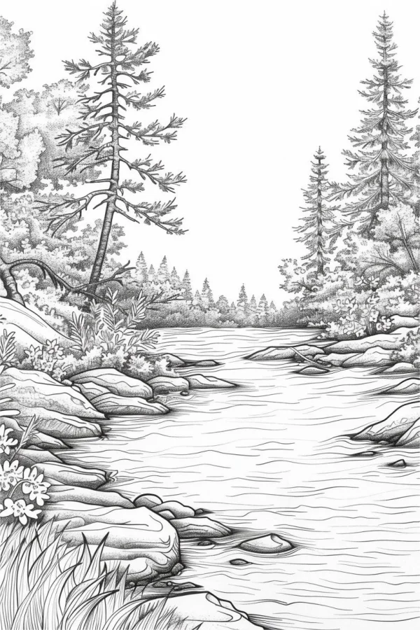 Forest river natural landscape, realistic sketch style — free printable river coloring book page