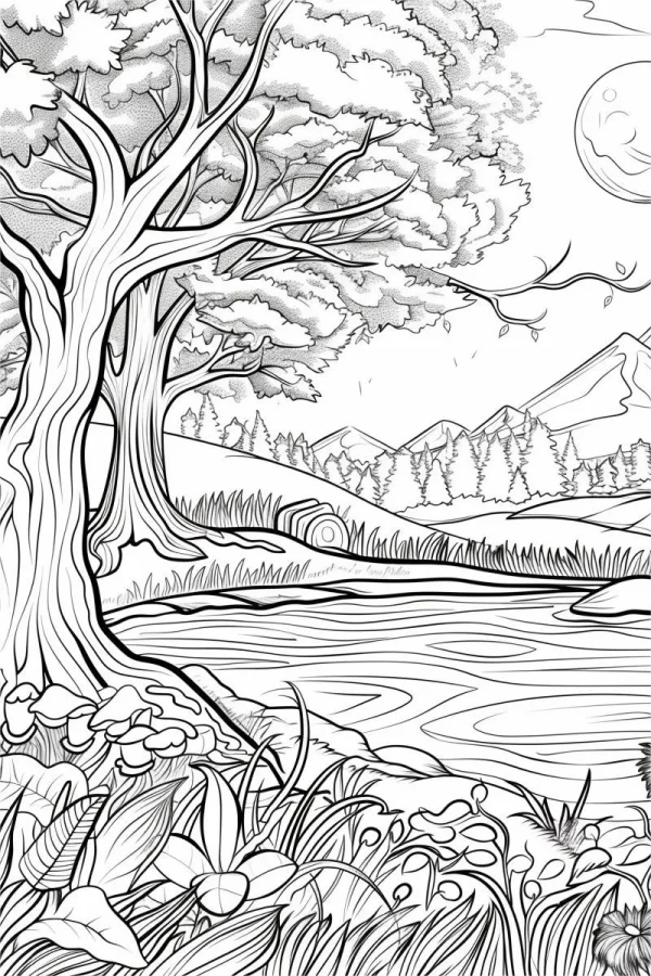Coloring book page, forest riverside natural landscape — free printable river coloring book page