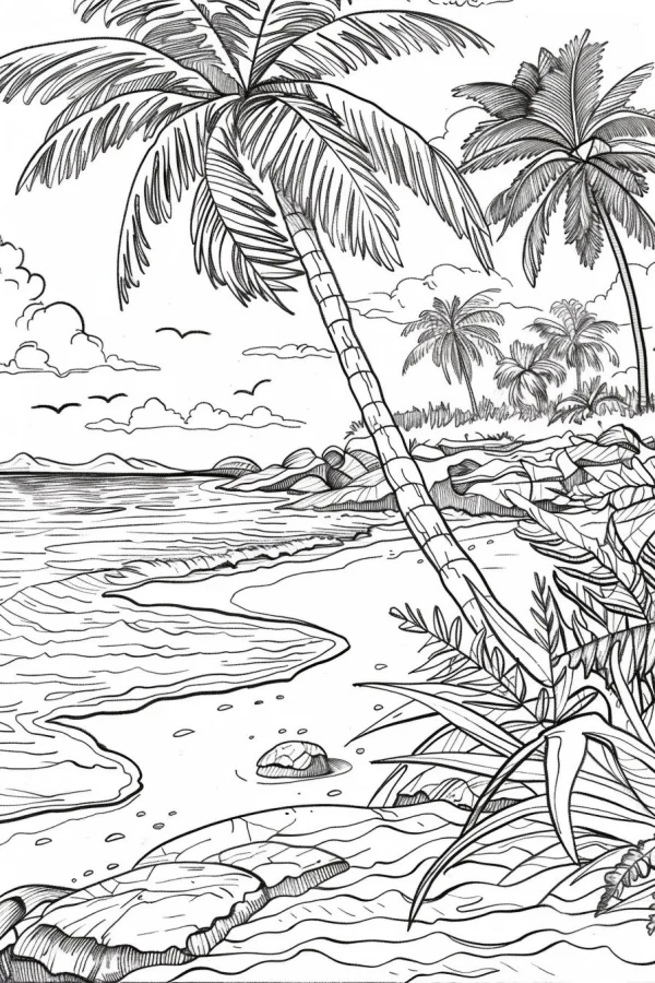 Tropical beach landscape with coconut trees, detailed scene including ocean waves — free printable tropical plants coloring book page