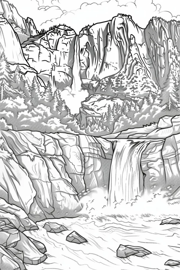 Mountain waterfall landscape, realistic line art style — free printable waterfall coloring book page