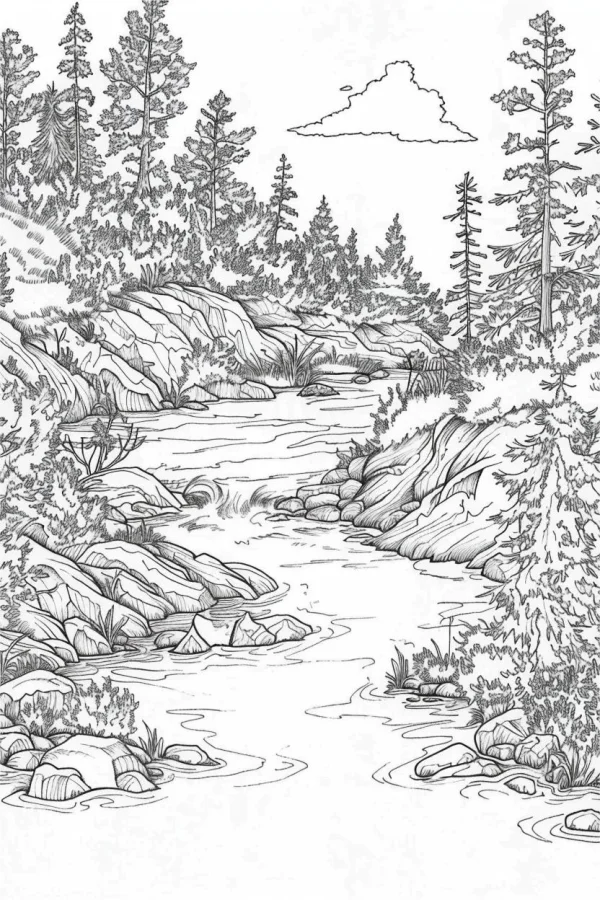 Forest stream landscape, realistic line art style — free printable river coloring book page