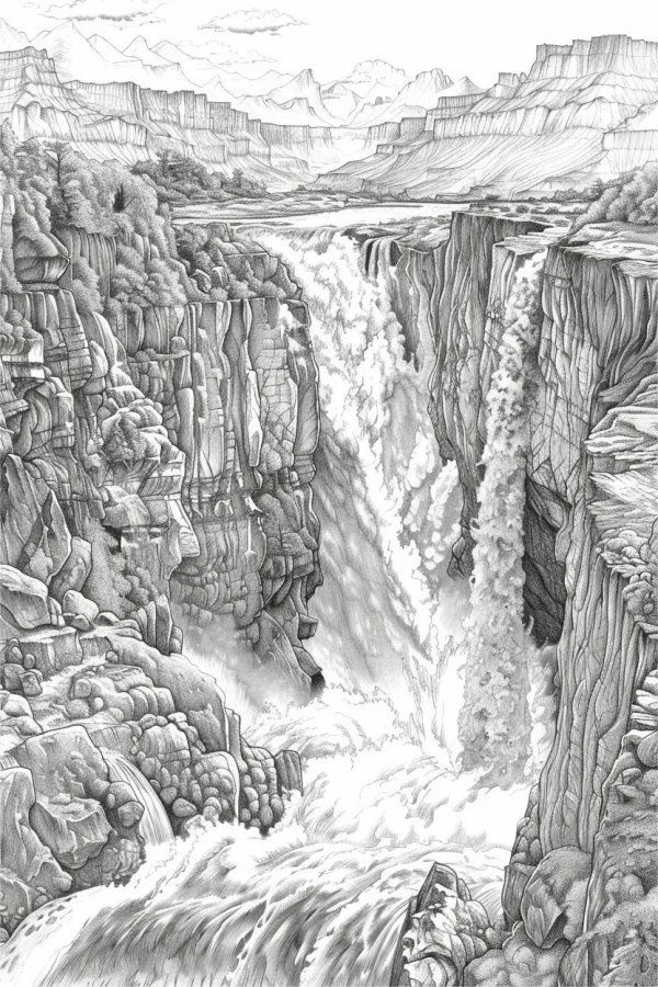 Canyon waterfall landscape, realistic sketch style — free printable waterfall coloring book page