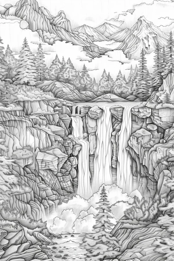 Waterfall mountain forest landscape, realistic sketch style — free printable waterfall coloring book page