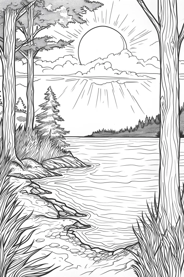 Lakeside forest landscape, realistic line art style — free printable lakes coloring book page