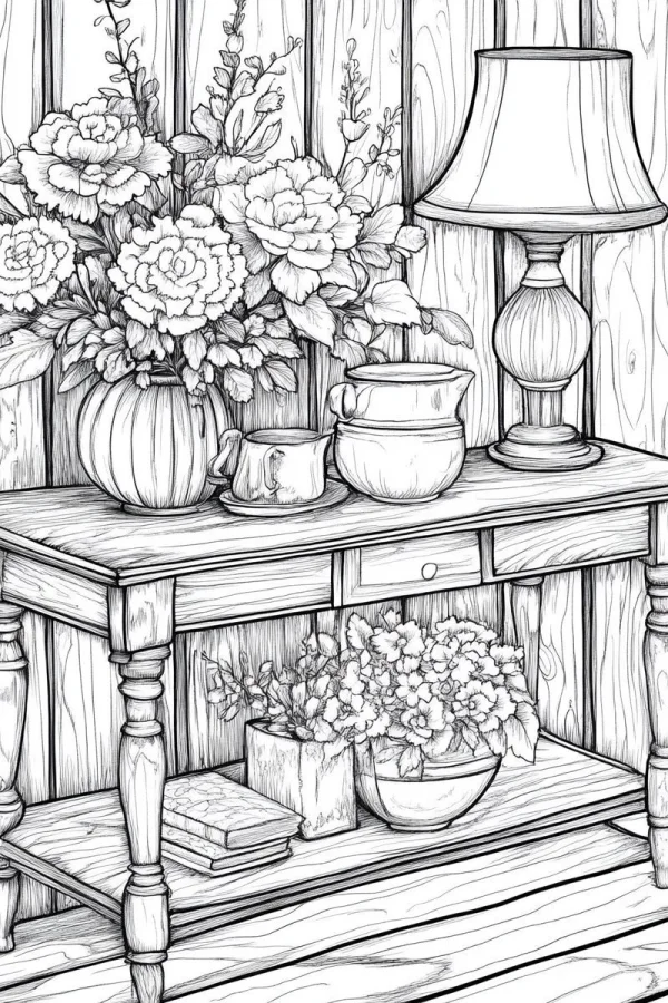 Home desk still life combination with peonies in vase, ceramic teacup — free printable still life coloring book page