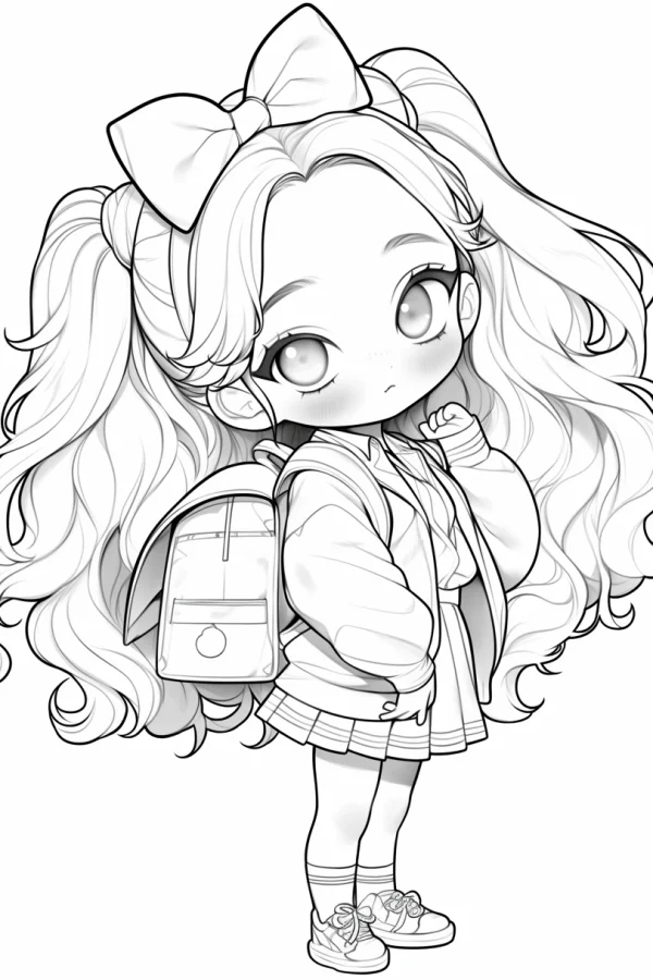 Chibi school girl with curly pigtails, big bow on head — free printable campus coloring book page