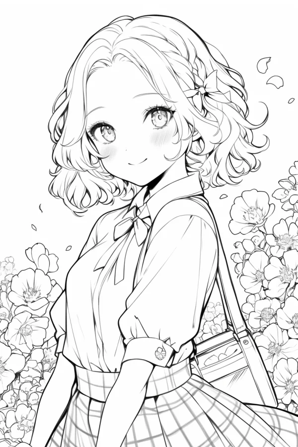 Curly-haired anime girl, cartoon style — free printable character theme coloring book page