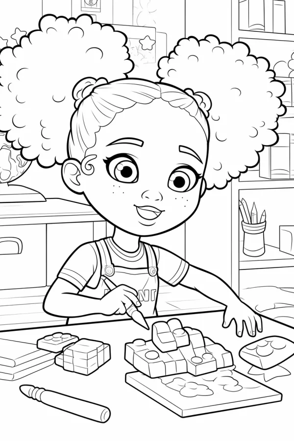 Cartoon little girl making crafts at desk, cartoon style — free printable children's life coloring book page