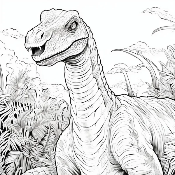 Long-necked dinosaur, sketch style — free printable rainforest coloring book page