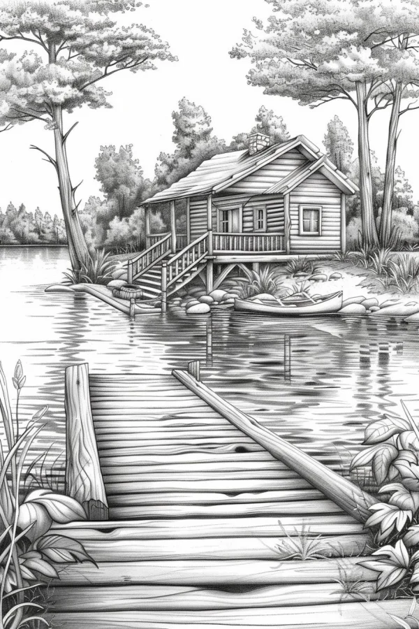 Lakeside wooden cabin with wooden dock, realistic line art style — free printable leisure vacation coloring book page