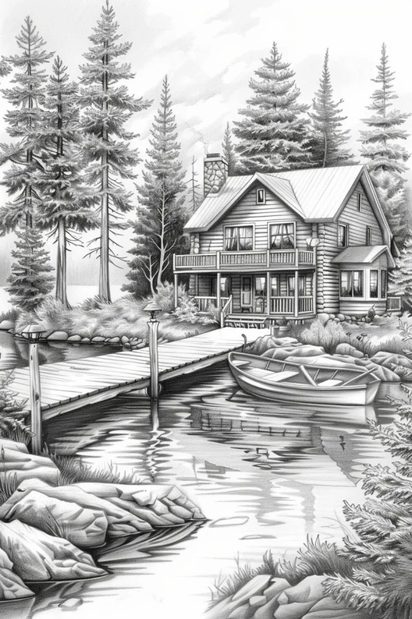 Lakeside forest cabin with wooden dock and rowboat, realistic sketch style — free printable country vacation coloring book page