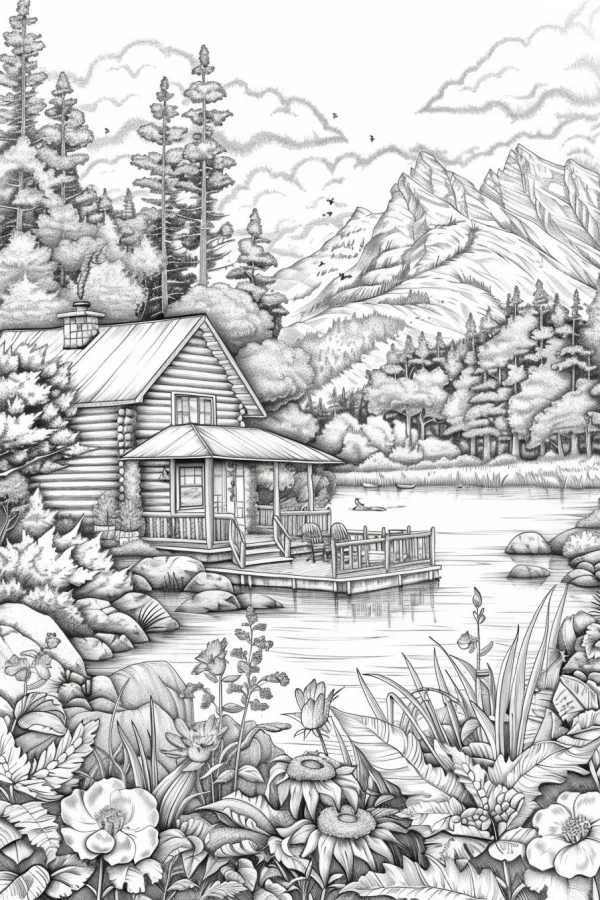 Log cabin by the lakeside in forest, realistic sketch style — free printable lakes coloring book page