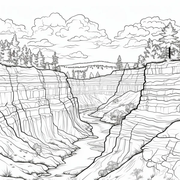 Canyon river natural landscape, realistic style — free printable canyon coloring book page