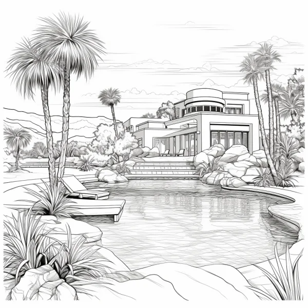 Pool villa outdoor scene, realistic line art — free printable vacation coloring book page