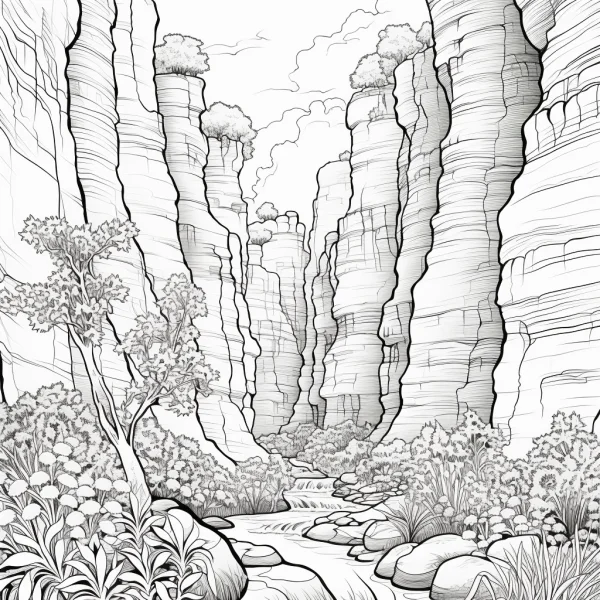 Canyon stream natural landscape, realistic sketch style — free printable canyon coloring book page