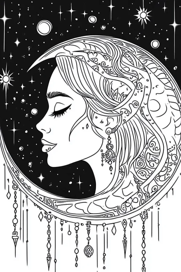 Closed-eye girl inside crescent moon, fantasy style — free printable starry sky coloring book page