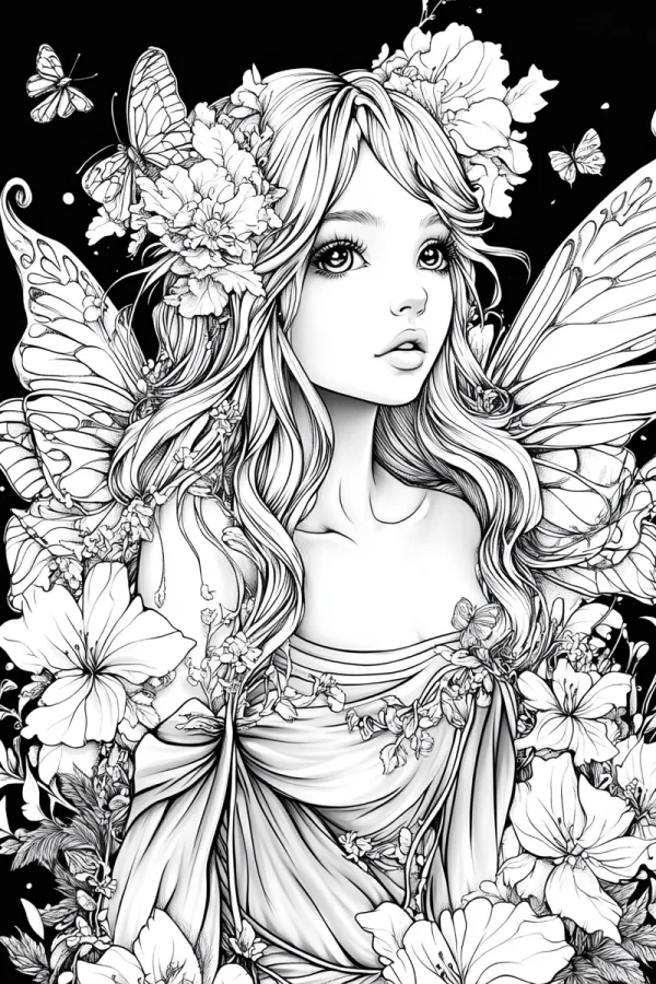 Fairy with butterfly wings in flower garden, anime illustration style — free printable fairy coloring book page