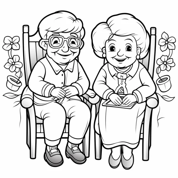 Elderly couple sitting on rocking chairs, cartoon style — free printable senior life coloring book page