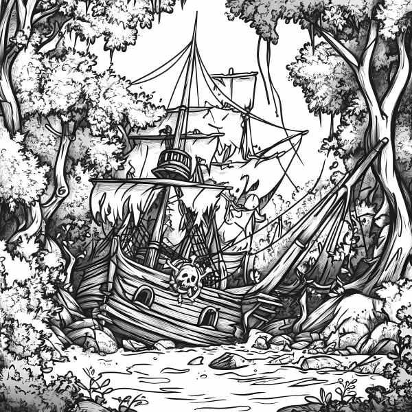 Pirate ship wreck stranded in a dense forest, fantasy style — free printable pirate coloring book page