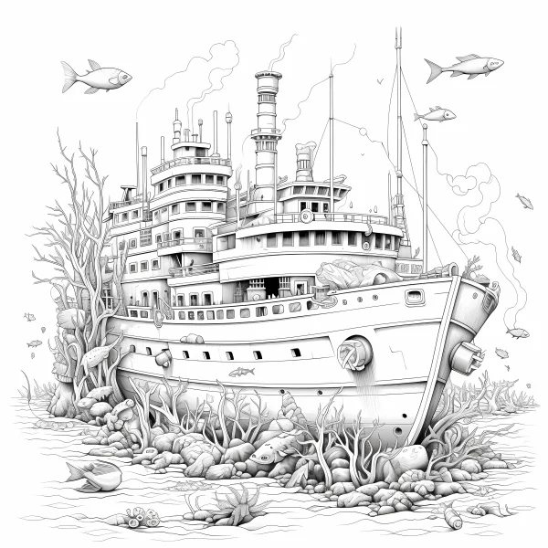 Underwater shipwreck, realistic style — free printable underwater world coloring book page