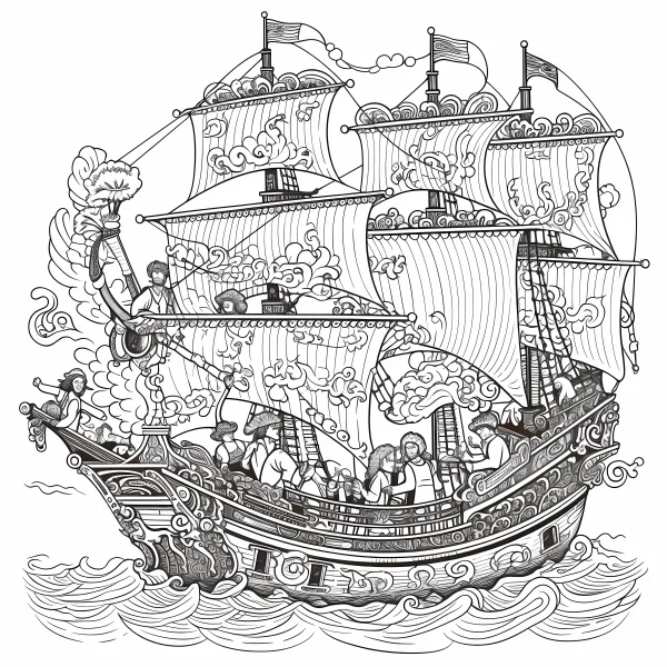 Ornate pirate ship, vintage fantasy style — free printable pirate coloring book page
