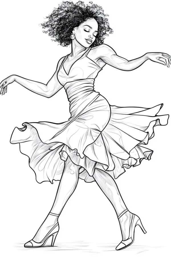 Dancing curly-haired girl in a flared halter dance dress and high-heeled shoes, sketch style — free printable dance coloring book page