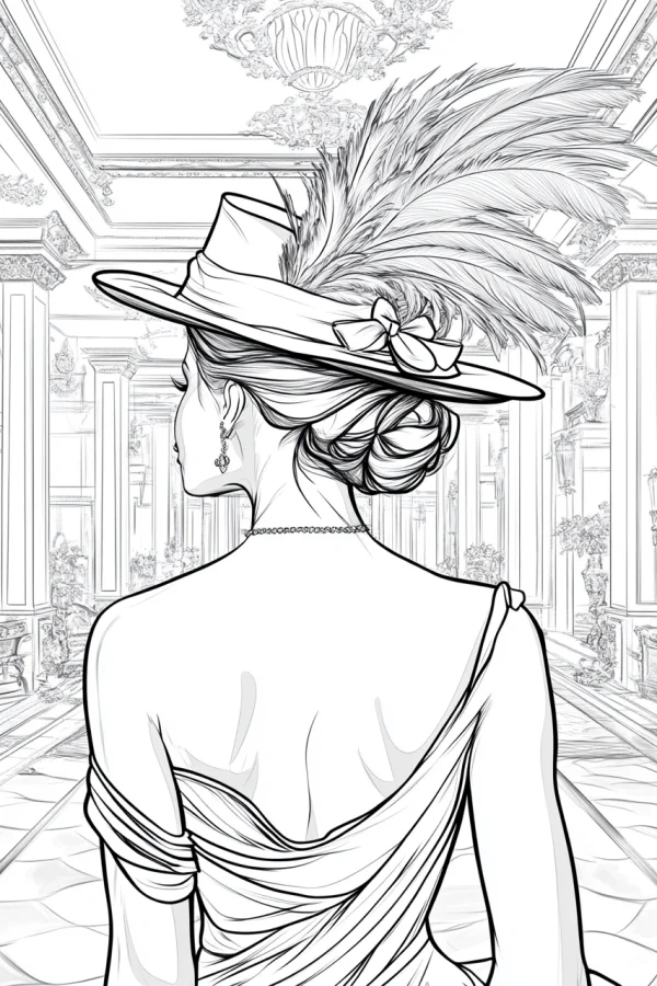 Elegant retro woman from behind in a backless ball gown, wearing a wide-brimmed hat with feathers and bow — free printable court scene coloring book page
