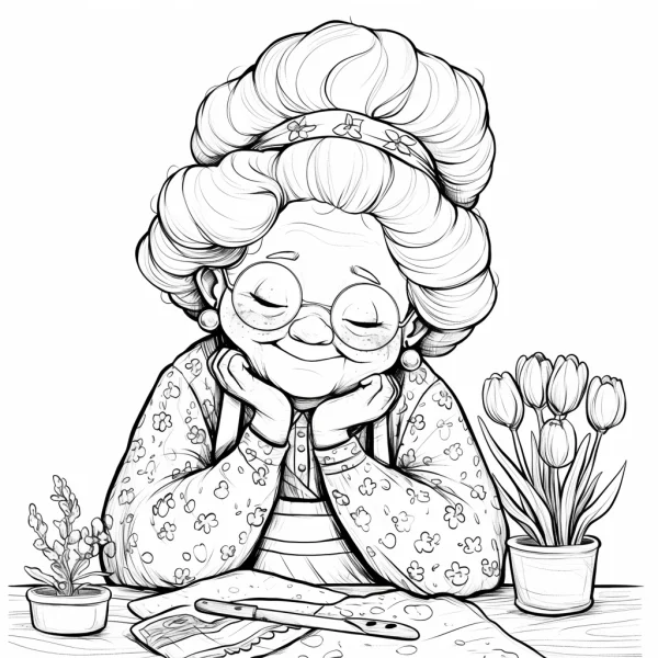 Kind elderly woman, cartoon style — free printable handmade coloring book page