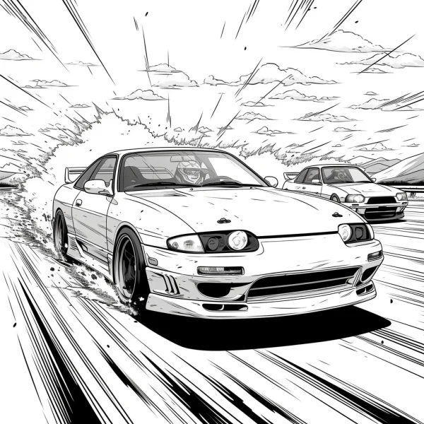 Drifting sports car, manga style — free printable racing coloring book page