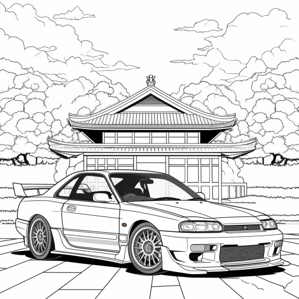 Japanese style sports car, realistic line art — free printable cultural theme coloring book page