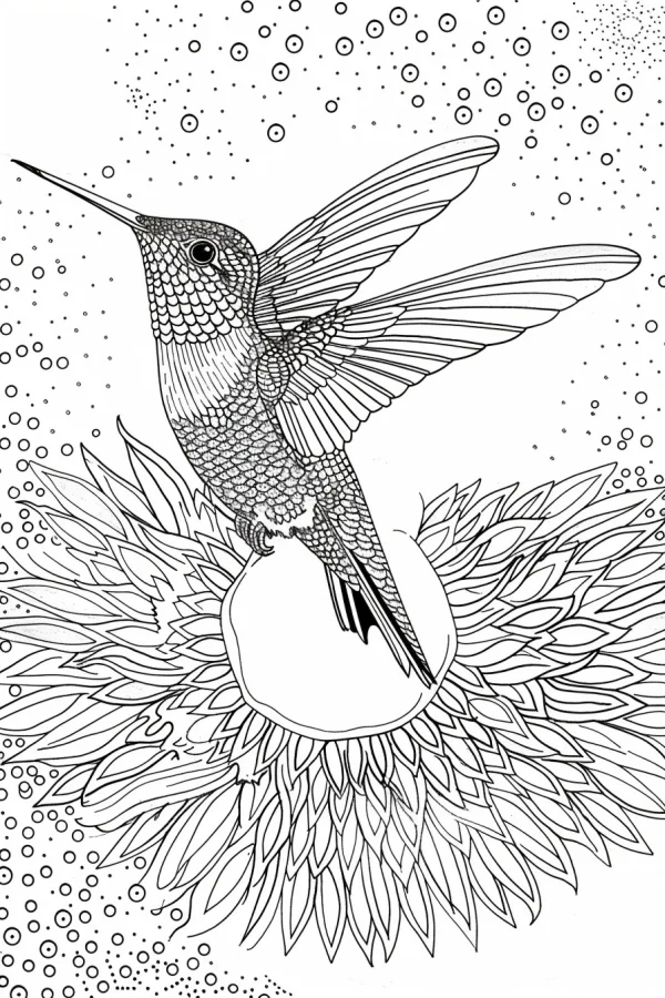 Hummingbird perched on a flower, sketch style — free printable birds coloring book page