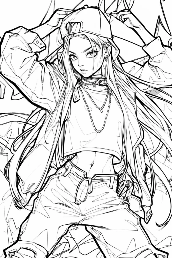 Street-style anime girl wearing baseball cap, long-sleeve jacket — free printable anime coloring book page