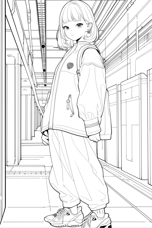 Short-haired anime girl with backpack, japanese anime style — free printable anime coloring book page
