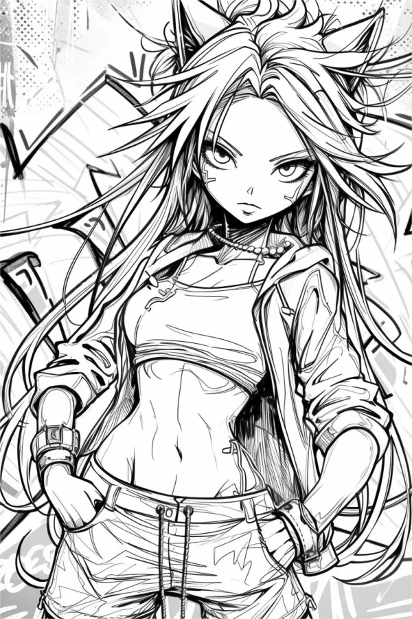 Anime cat ear girl in street style, wearing crop top — free printable anime coloring book page