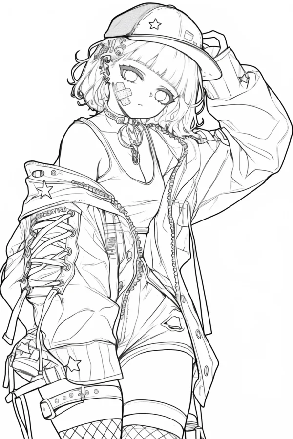 Trendy anime girl, street fashion style — free printable anime coloring book page