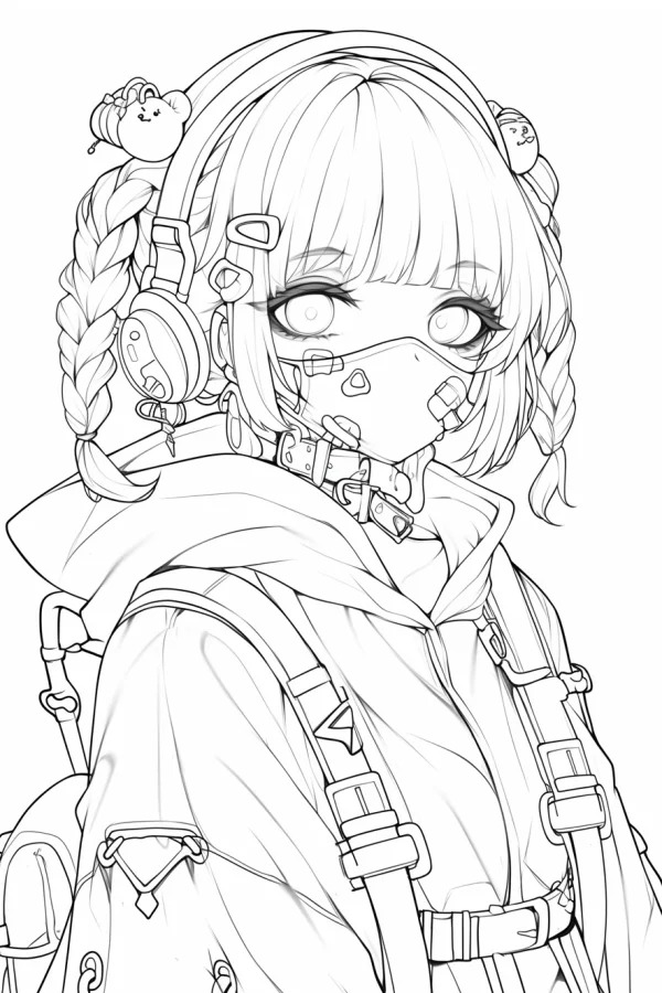 Cyberpunk style masked girl with double braids and headphones, anime cartoon style — free printable anime coloring book page