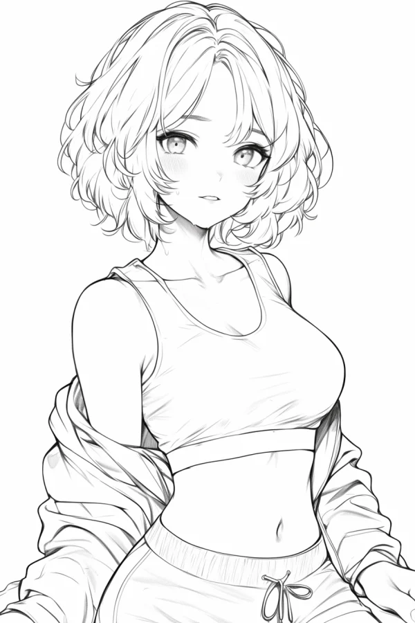 Short-haired casual girl in crop top and sweat shorts with an open jacket, anime style — free printable daily coloring book page